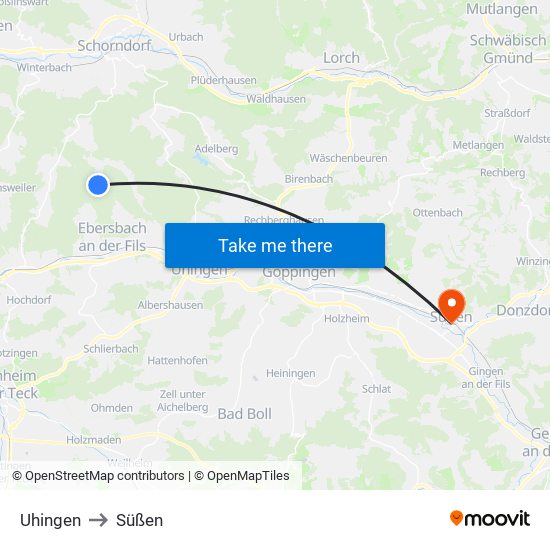 Uhingen to Süßen map