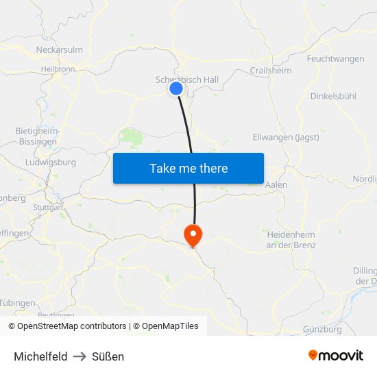 Michelfeld to Süßen map