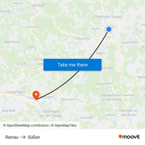 Rainau to Süßen map