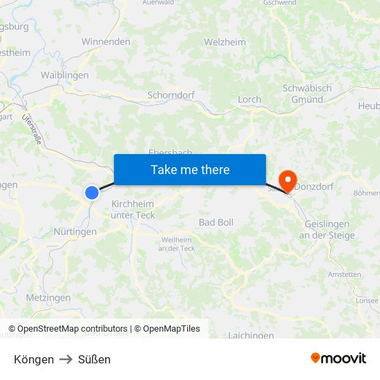 Köngen to Süßen map
