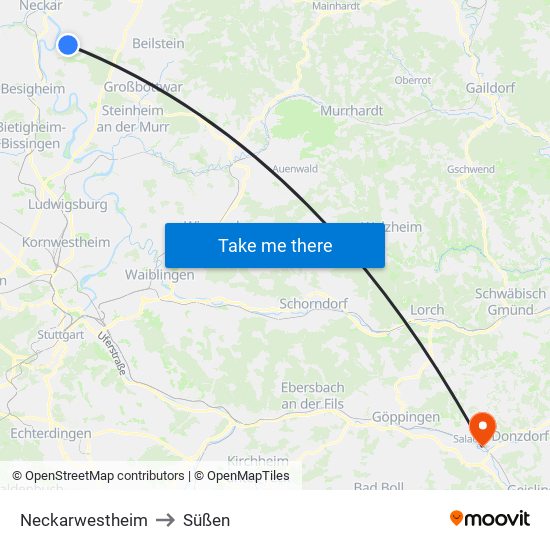 Neckarwestheim to Süßen map