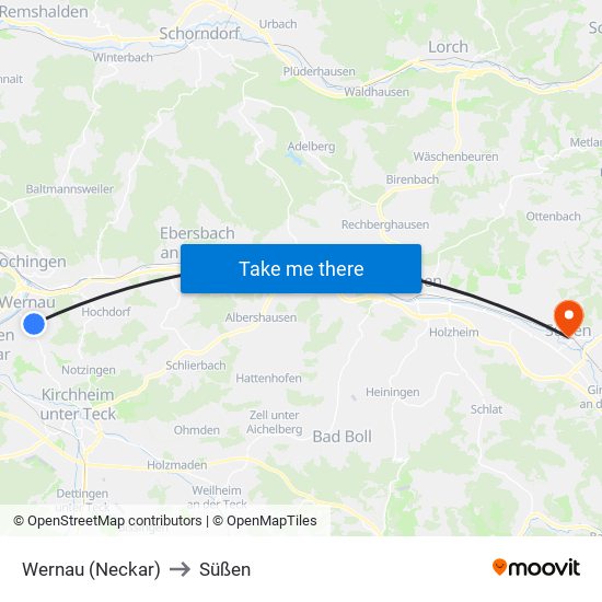 Wernau (Neckar) to Süßen map