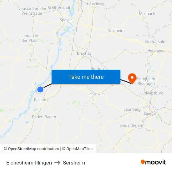 Elchesheim-Illingen to Sersheim map