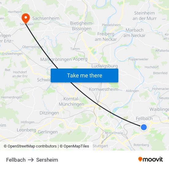 Fellbach to Sersheim map