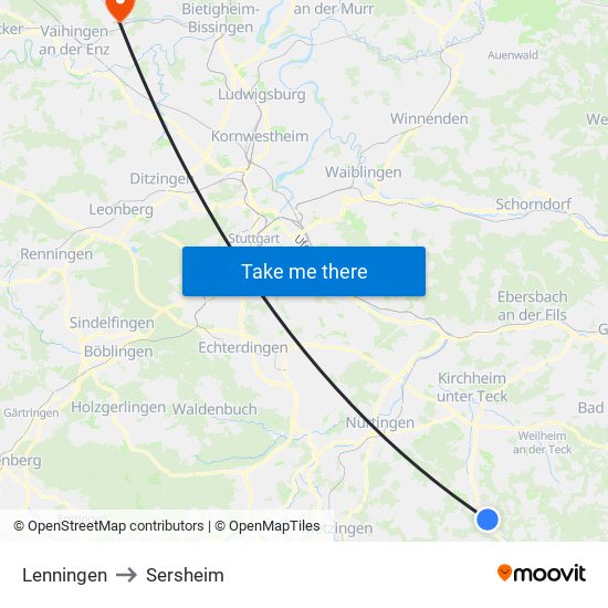 Lenningen to Sersheim map