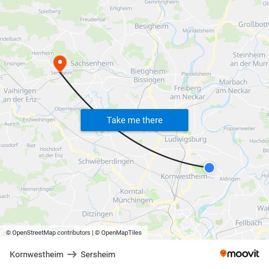 Kornwestheim to Sersheim map