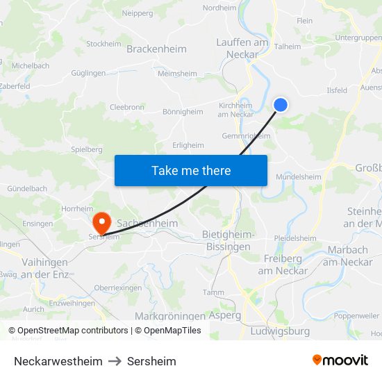 Neckarwestheim to Sersheim map