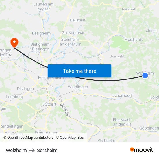 Welzheim to Sersheim map