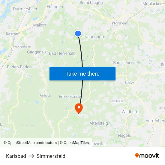 Karlsbad to Simmersfeld map