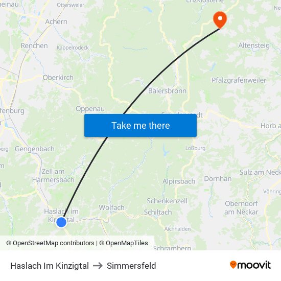 Haslach Im Kinzigtal to Simmersfeld map