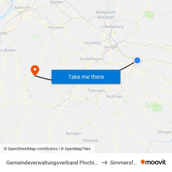 Gemeindeverwaltungsverband Plochingen to Simmersfeld map
