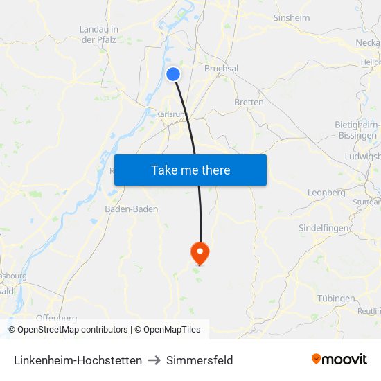 Linkenheim-Hochstetten to Simmersfeld map