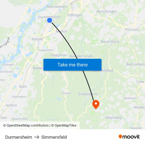 Durmersheim to Simmersfeld map