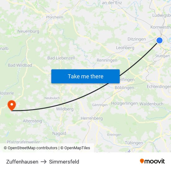 Zuffenhausen to Simmersfeld map