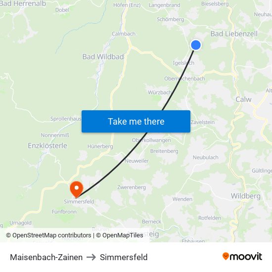 Maisenbach-Zainen to Simmersfeld map