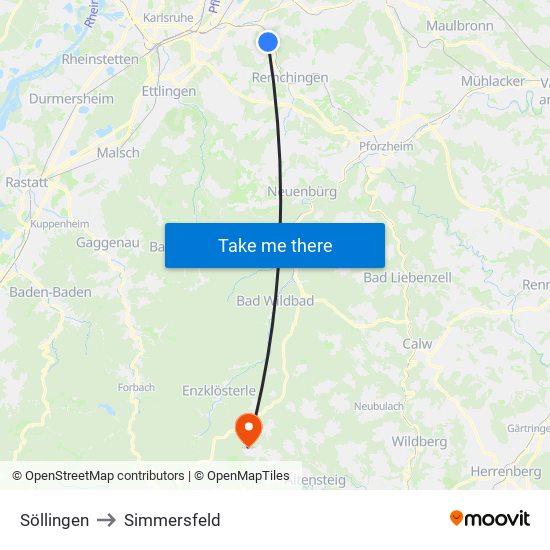 Söllingen to Simmersfeld map