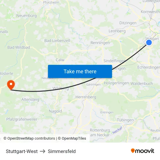 Stuttgart-West to Simmersfeld map