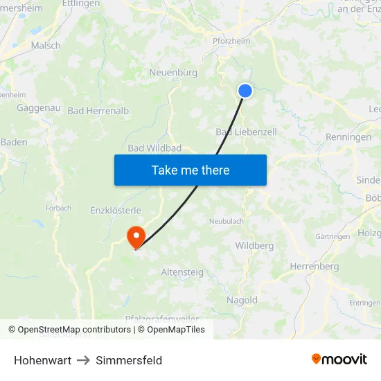 Hohenwart to Simmersfeld map
