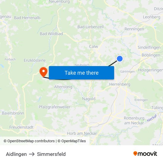 Aidlingen to Simmersfeld map