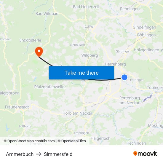 Ammerbuch to Simmersfeld map