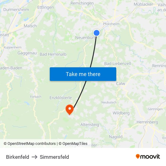 Birkenfeld to Simmersfeld map