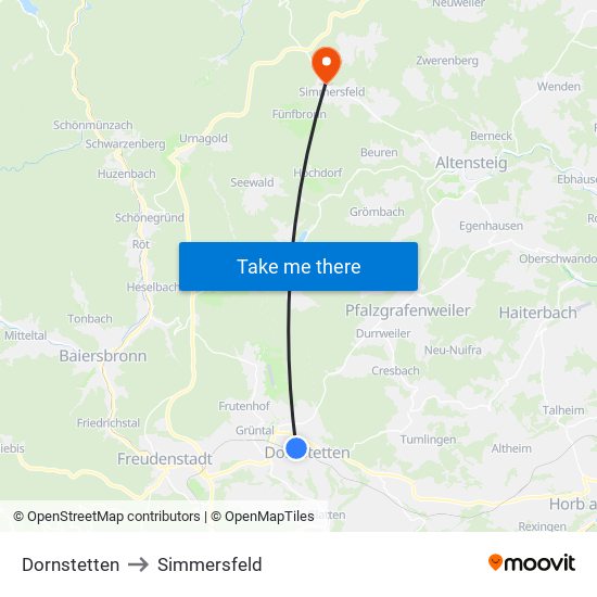 Dornstetten to Simmersfeld map