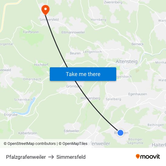 Pfalzgrafenweiler to Simmersfeld map
