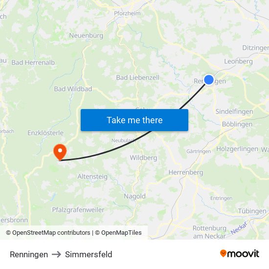 Renningen to Simmersfeld map