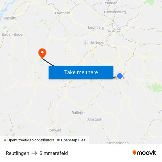 Reutlingen to Simmersfeld map