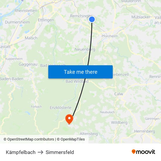 Kämpfelbach to Simmersfeld map
