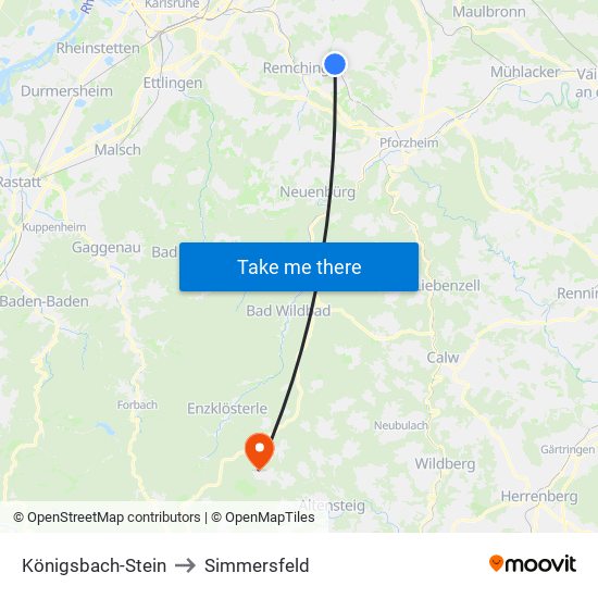 Königsbach-Stein to Simmersfeld map