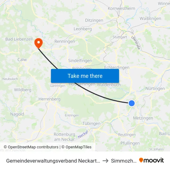 Gemeindeverwaltungsverband Neckartenzlingen to Simmozheim map