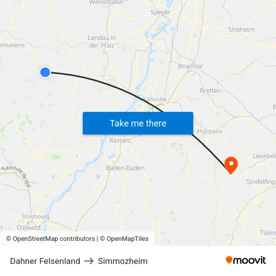 Dahner Felsenland to Simmozheim map