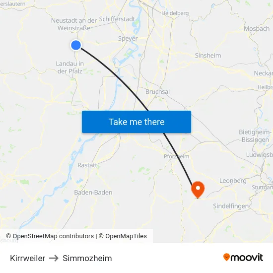 Kirrweiler to Simmozheim map