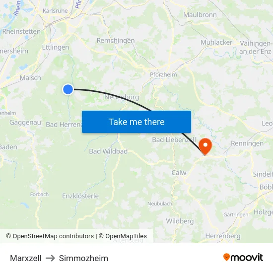 Marxzell to Simmozheim map