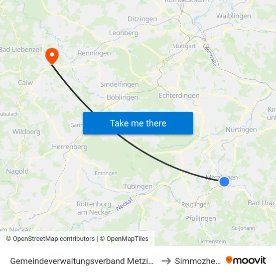 Gemeindeverwaltungsverband Metzingen to Simmozheim map