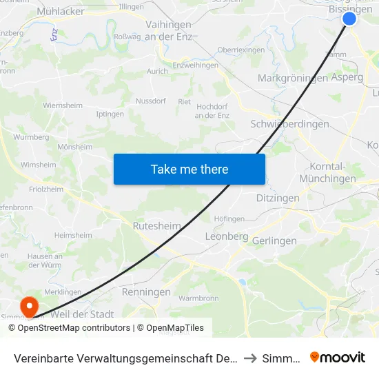 Vereinbarte Verwaltungsgemeinschaft Der Stadt Bietigheim-Bissingen to Simmozheim map