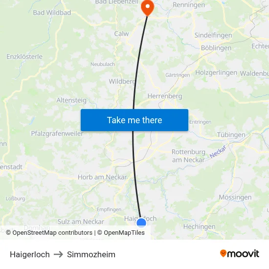 Haigerloch to Simmozheim map