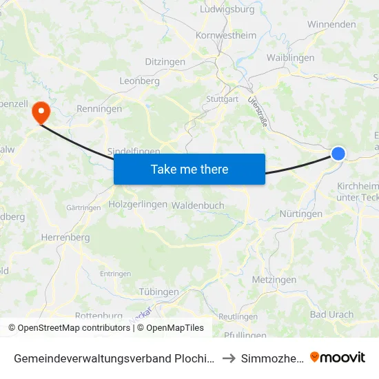Gemeindeverwaltungsverband Plochingen to Simmozheim map