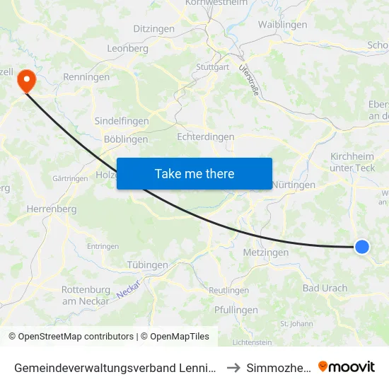 Gemeindeverwaltungsverband Lenningen to Simmozheim map