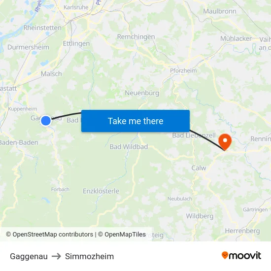Gaggenau to Simmozheim map