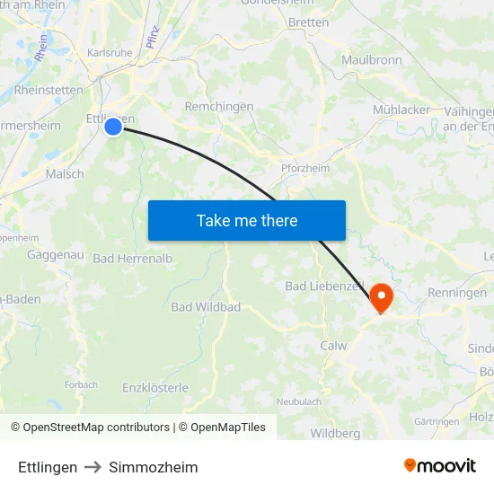 Ettlingen to Simmozheim map