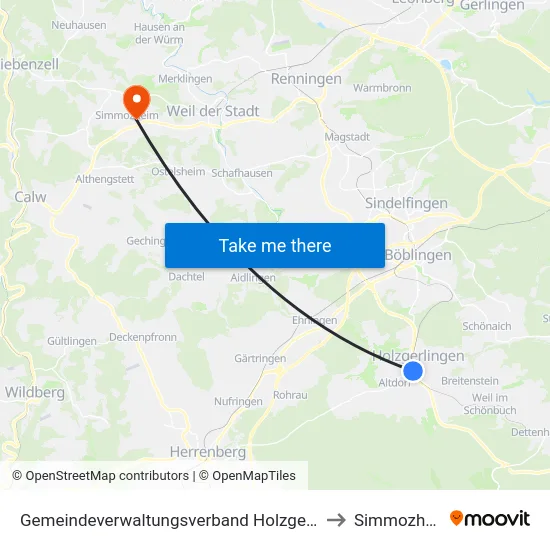 Gemeindeverwaltungsverband Holzgerlingen to Simmozheim map
