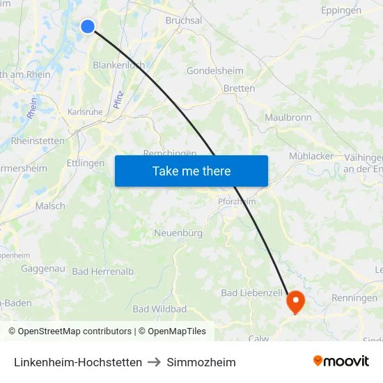 Linkenheim-Hochstetten to Simmozheim map