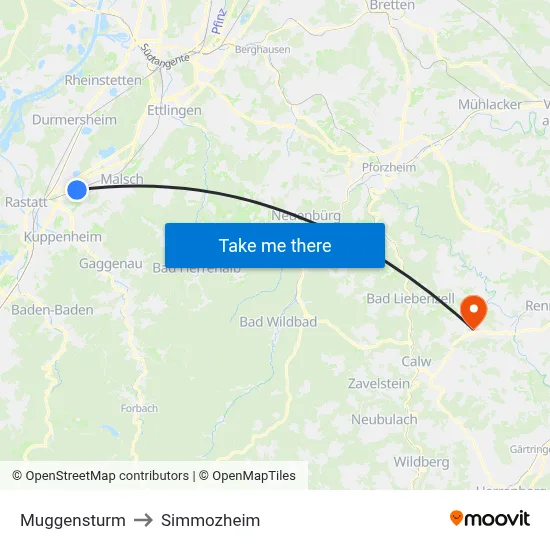 Muggensturm to Simmozheim map