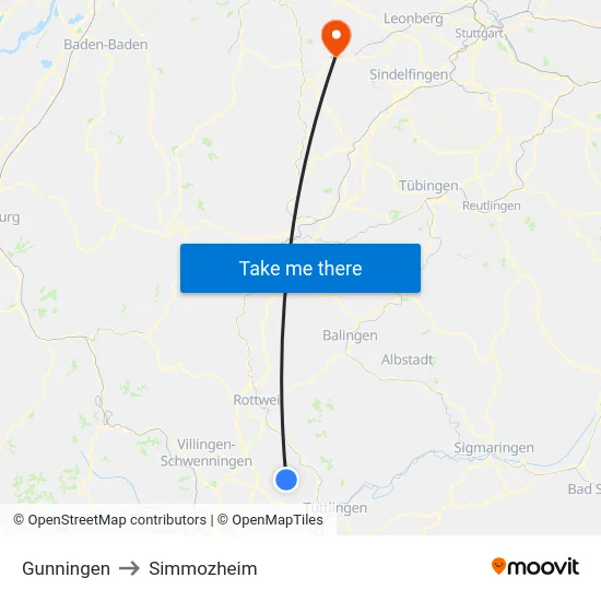 Gunningen to Simmozheim map