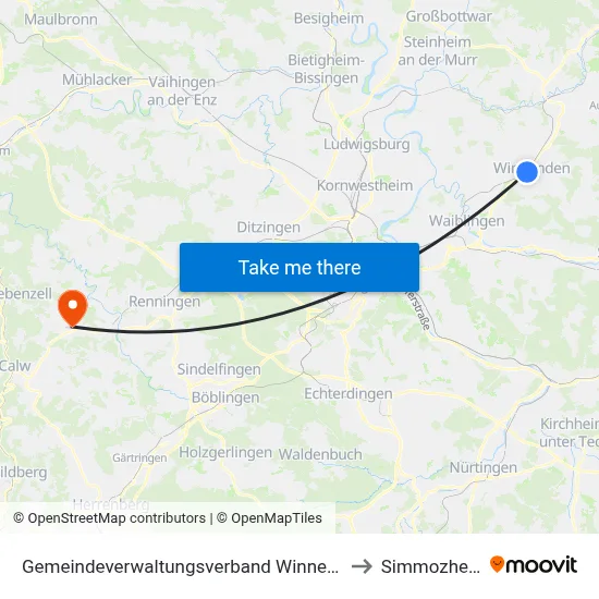 Gemeindeverwaltungsverband Winnenden to Simmozheim map