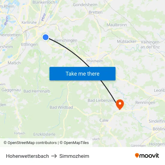 Hohenwettersbach to Simmozheim map