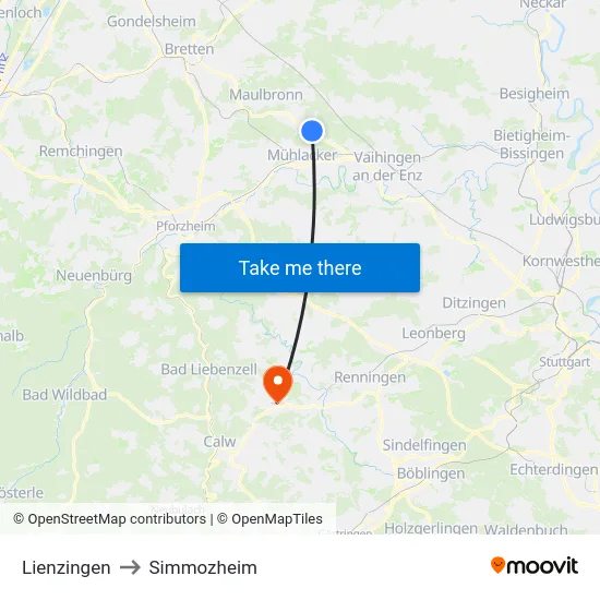 Lienzingen to Simmozheim map