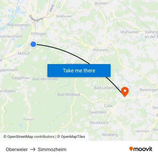 Oberweier to Simmozheim map